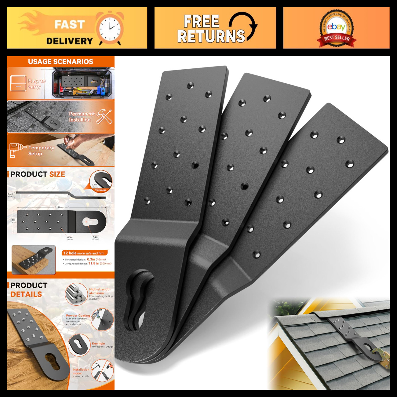 3-Pack Heavy Duty Roof Safety Anchors, Fall Protection, Durable Black Design