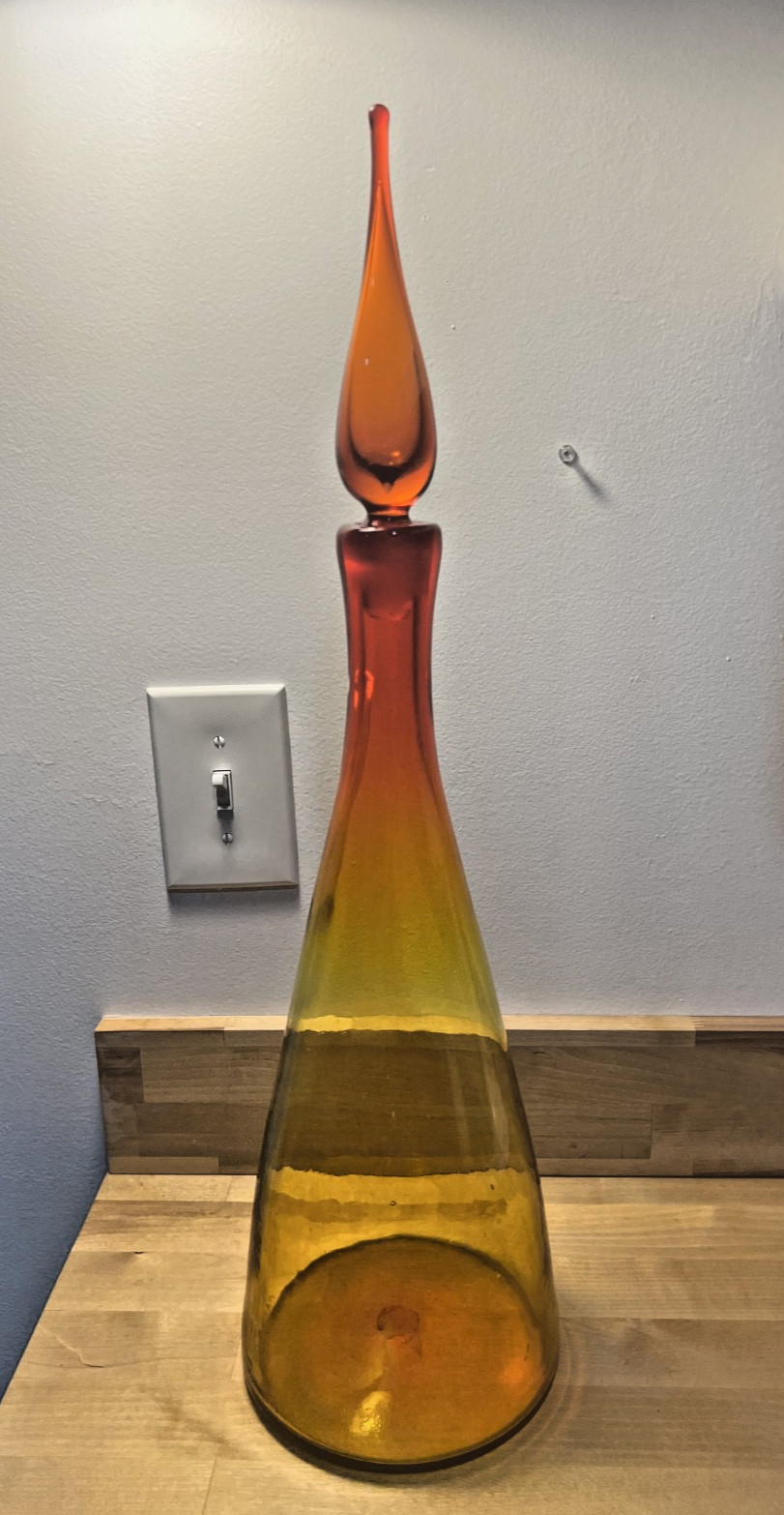 Midcentury Blenko Model 920-L Vintage Art Glass Decanter w/ Red Yellow Ombre 23\
