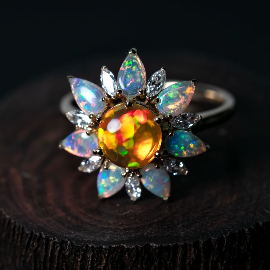 My Shining Star - Fire Opal Marquise Cut Diamond Engagement Ring 18K Gold