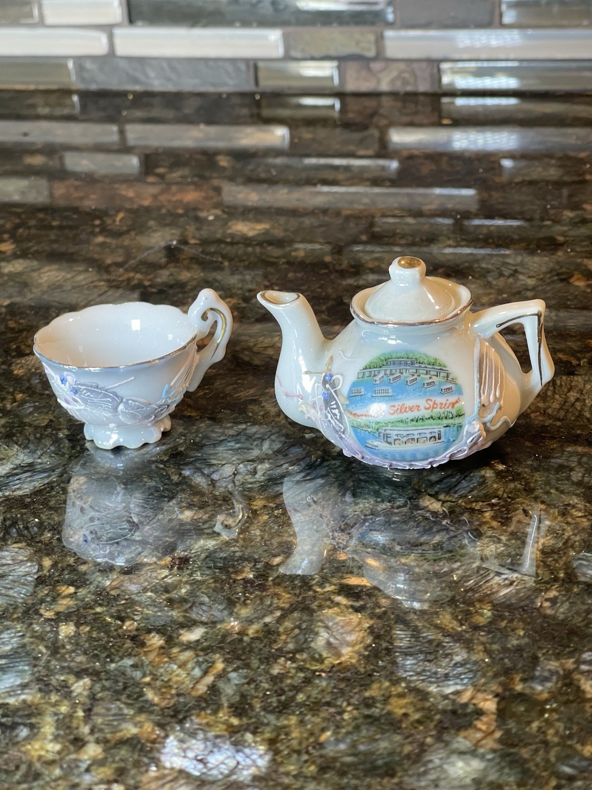 Vintage Silver Springs Florida Miniature Teapot & Teacup Dragonware Souvenir Set