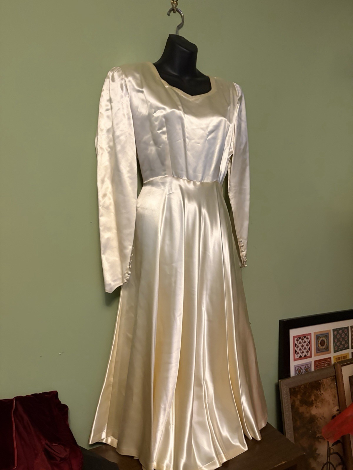 Vtg 40s Classic Modest Lux Satin Wedding Tea Dress