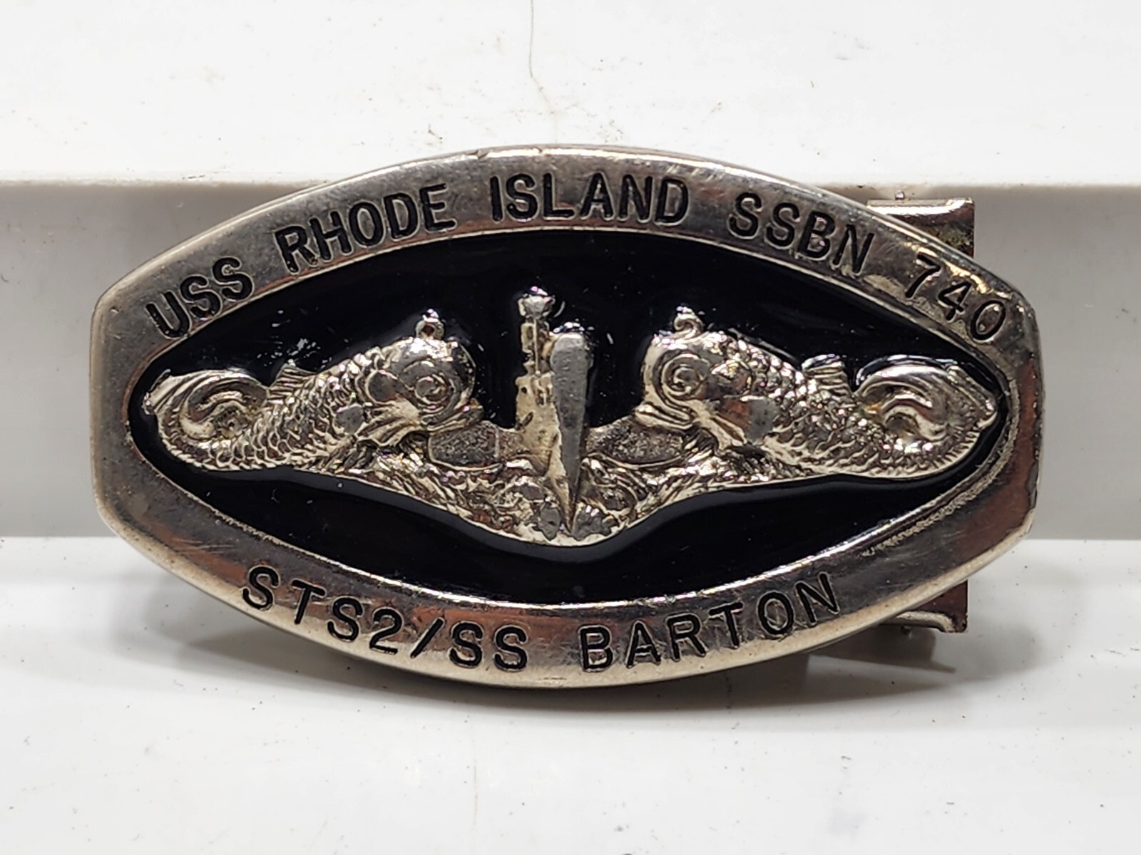 Vintage USS Rhode Island SSBN-740 STS2/SS Barton Box Frame Belt Buckle USA Made Vintage USS Rhode Island SSBN-740 STS2/SS Barton Box Frame Belt Buckle USA Made