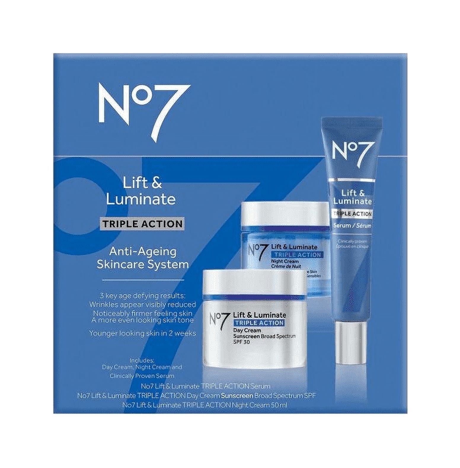 No7 Lift & Luminate Triple Action 3-Piece Set Serum Day SPF 30 Night Cream NEW