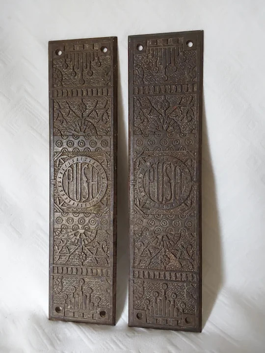 Antique 19th Cast Iron Windsor Design Door Push Plates Reading Hardware Co