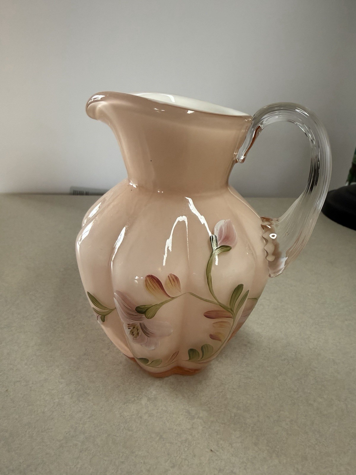 Fenton Glass Hand Painted Flowers Vase Pitcher New With Sticker 5” Tall 4” Wide
