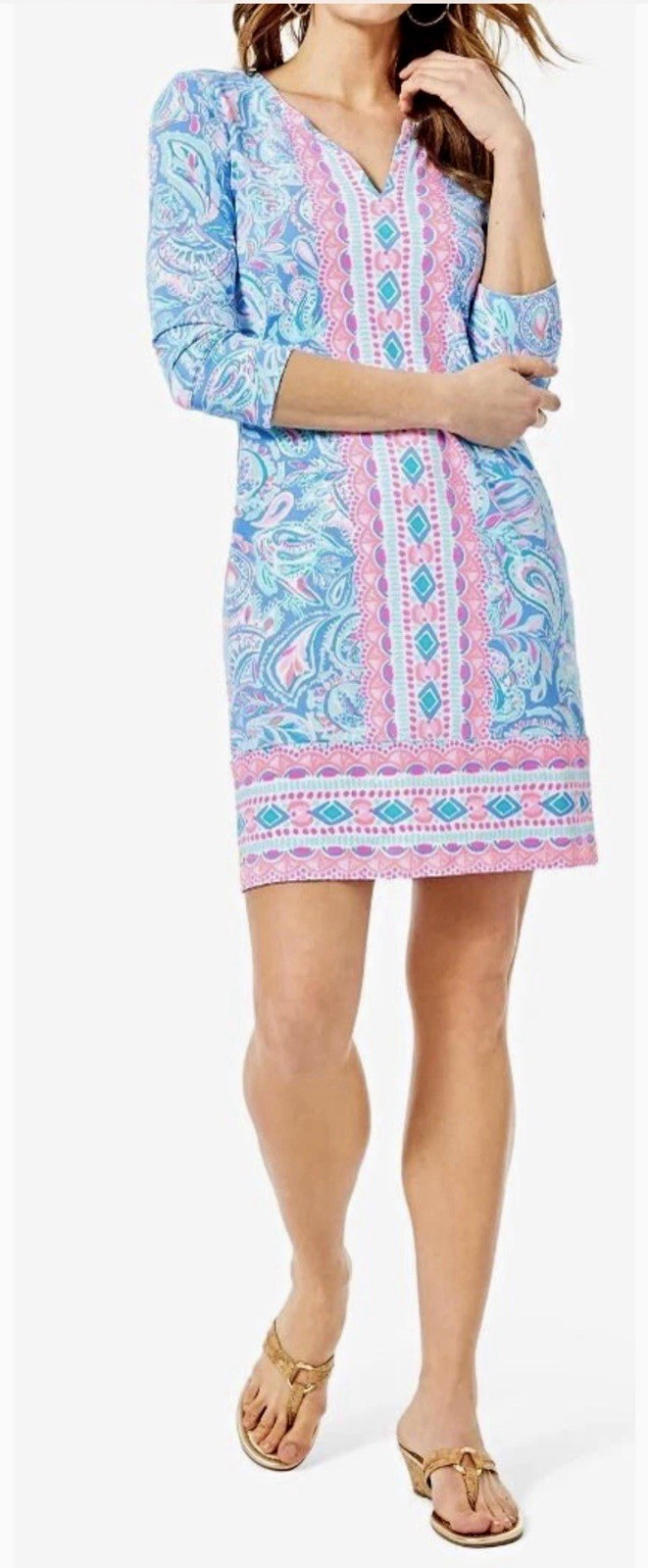 Lilly Pulitzer Women Blue Pink White Paisley Nadine V-Neck Shift Dress Size M