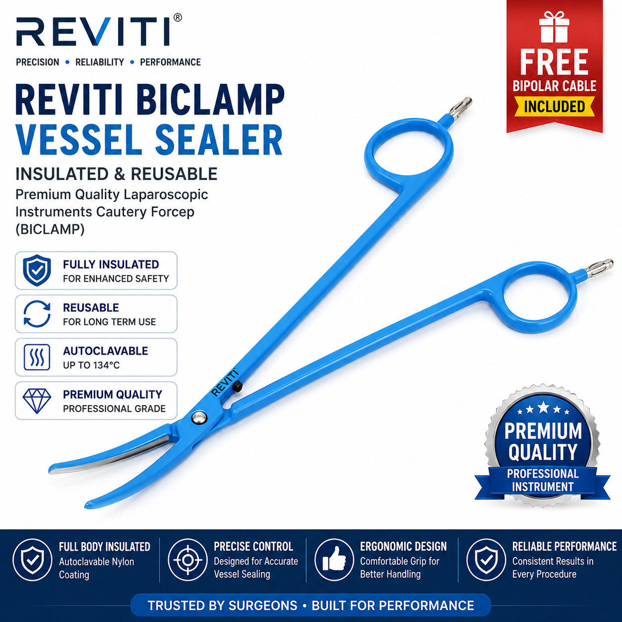 REVITI BICLAMP Vessel Sealer | Insulated Reusable Laparoscopic Bipolar Forceps