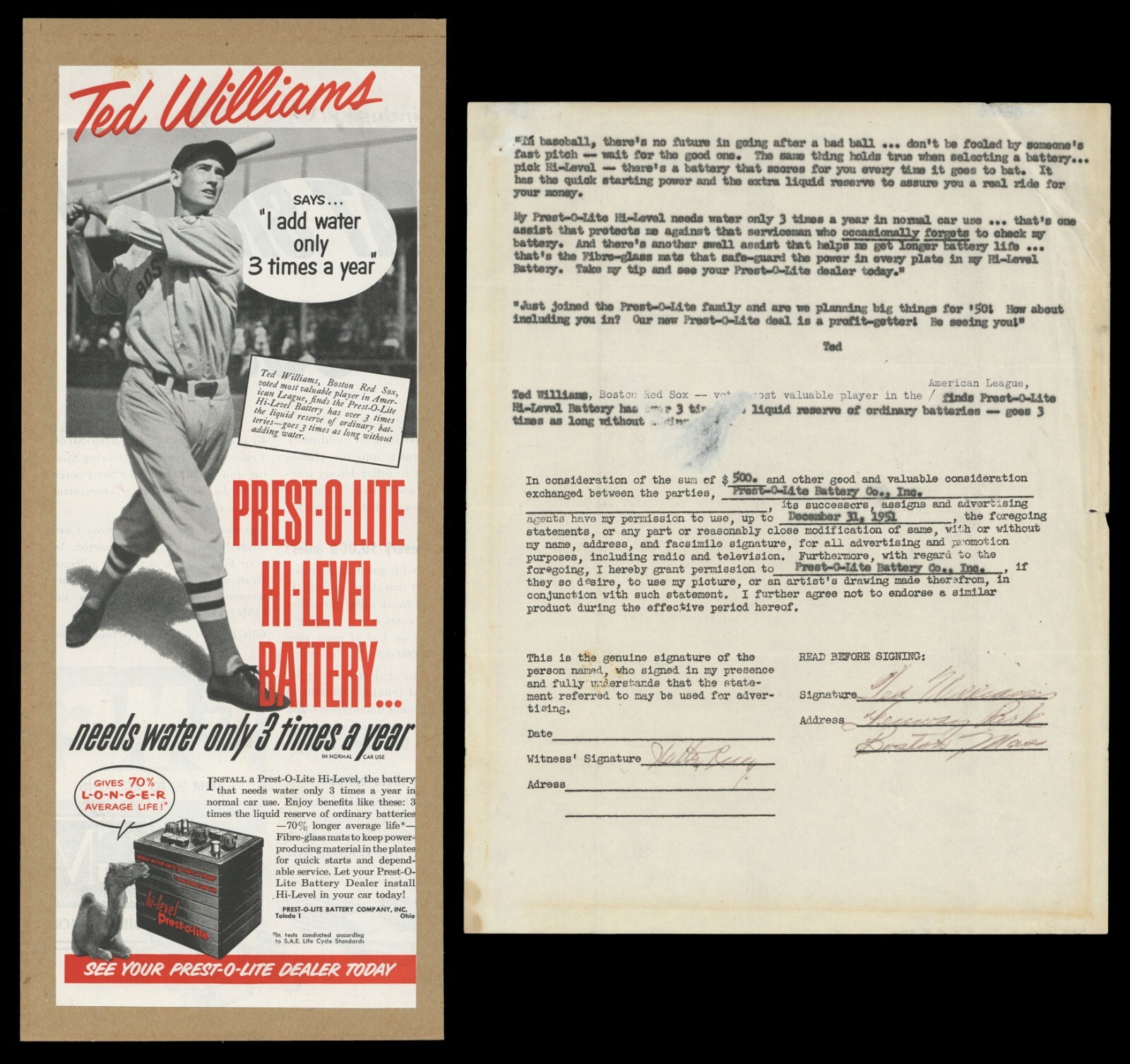 1951 Autograph Ted Williams Signed Prest-O-Lite Battery Contract Advertising JSA