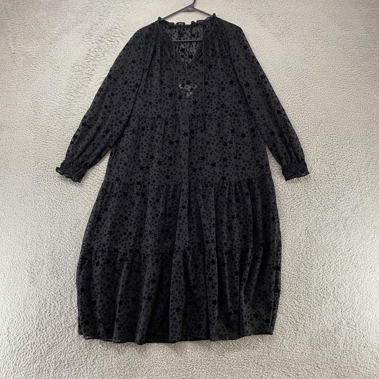 LOFT Midi Dress Womens Large Black Star Chiffon Tiered Celestial Boho Swing LOFT Midi Dress Womens Large Black Star Chiffon Tiered Celestial Boho Swing