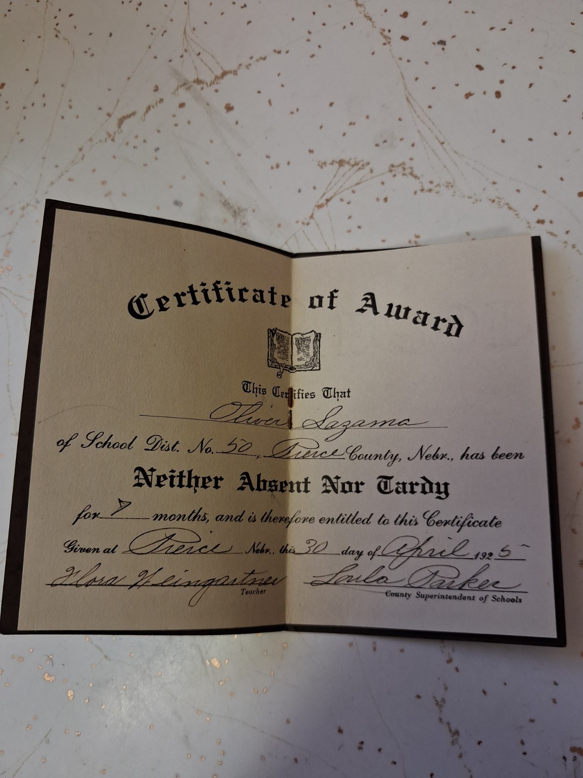 1925 Certificate of Award Neither Absent Nor Tardy Pierce County Nebraska