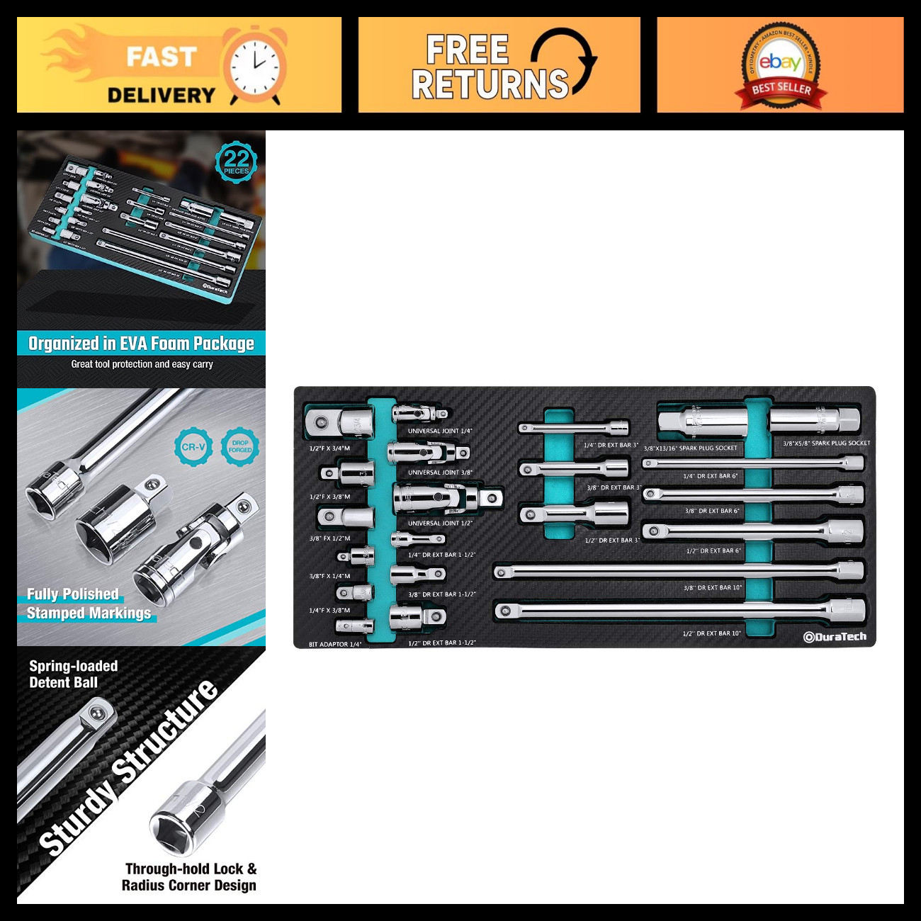 22-Piece Drive Tool Accessory Set with Extension Bars, Adapters & Socket Tools