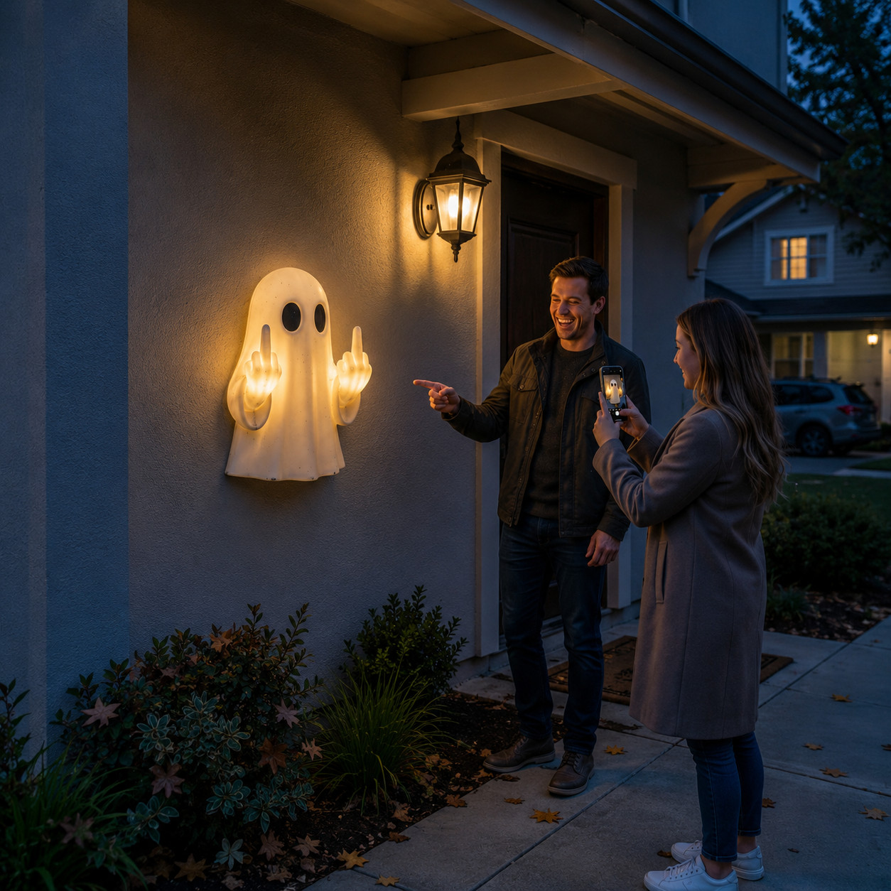 Funny Middle Finger Ghost Wall Light, Sarcastic Halloween Porch Decor