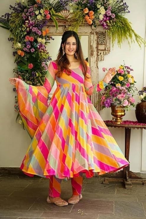 MultiColour Anarkali Gown Set with Dupatta | Indian Lehriya Print