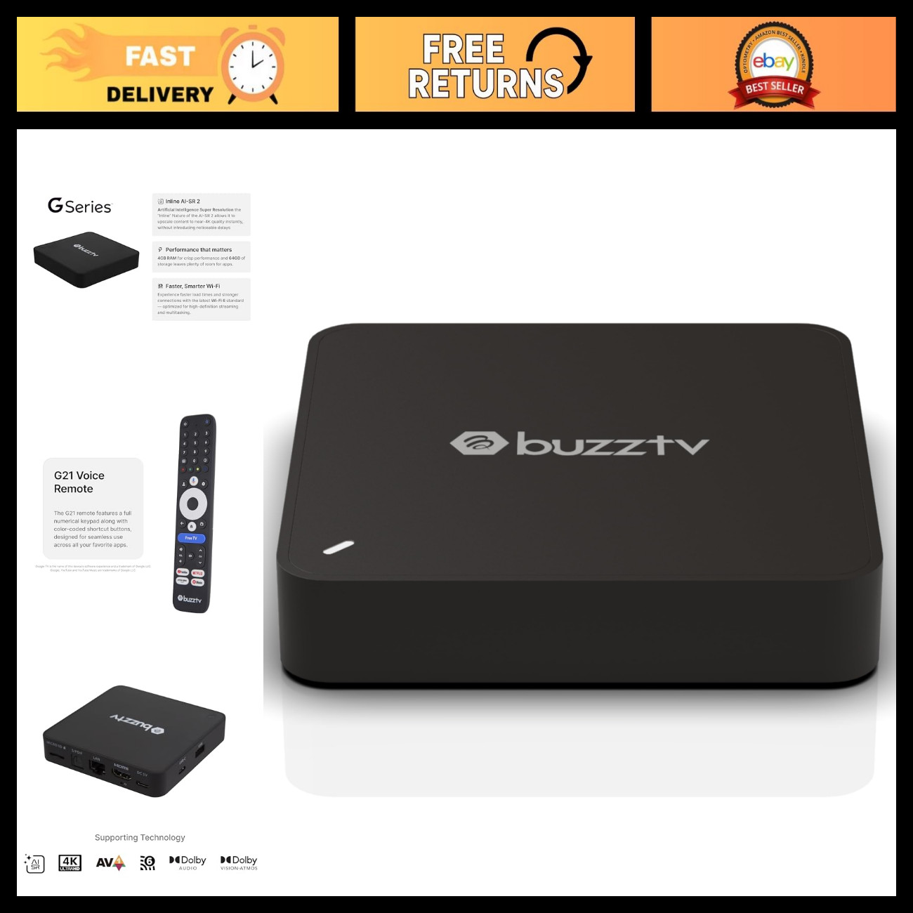 4GB RAM Google TV Box | 64GB Storage | AI Upscaling | Wi-Fi 6 | Voice Remote