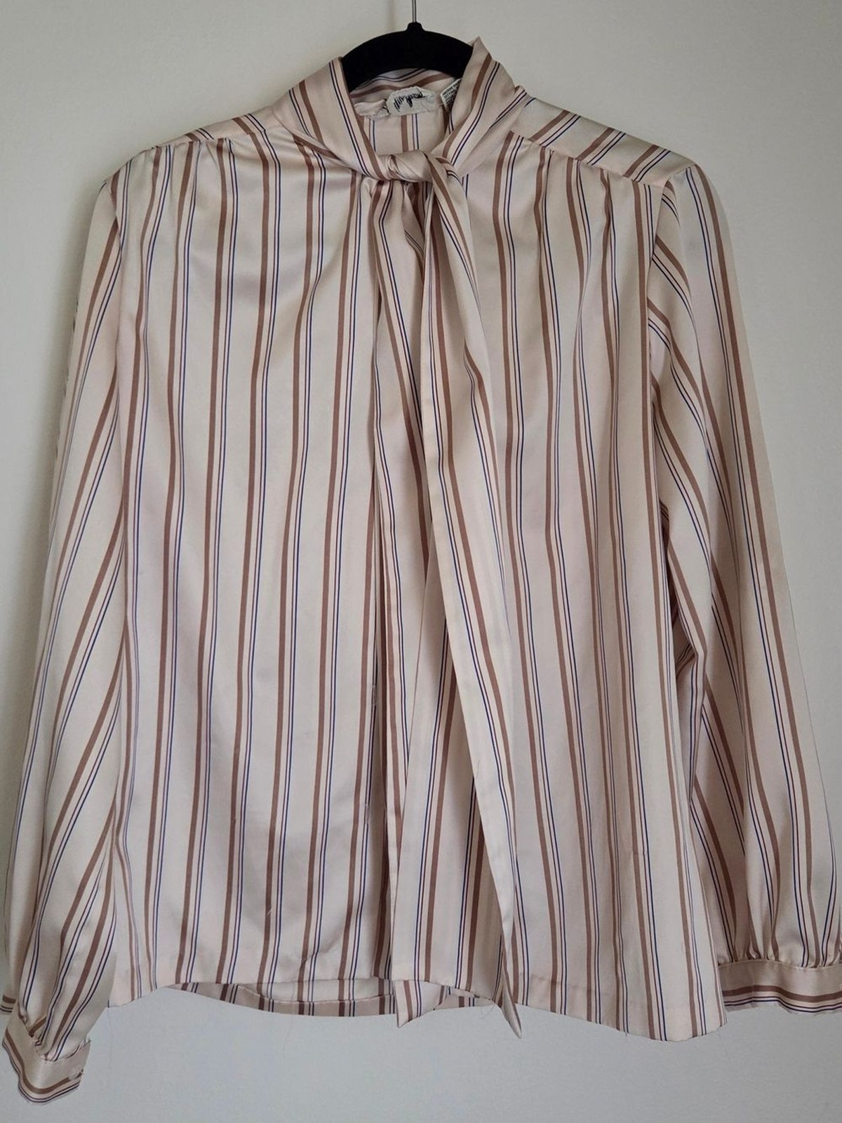 Vintage 70s Lady Manhattan Striped Pussybow Neck Tie Blouse Cream Brown Blue 12