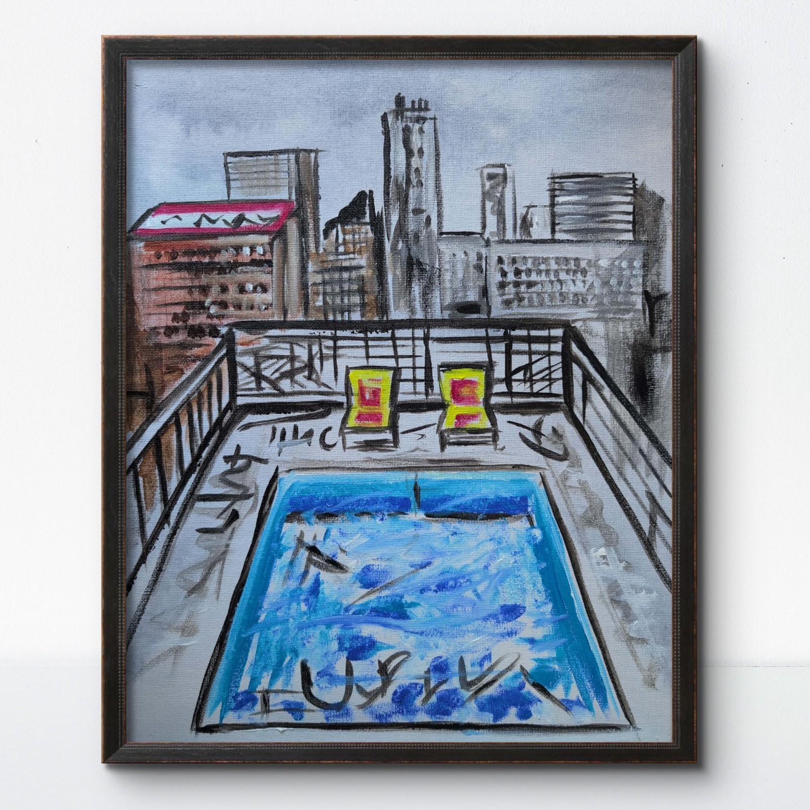 KYMA Original Hand Painted Expressionist Rooftop Pool Signed Acrylic Canvas Art