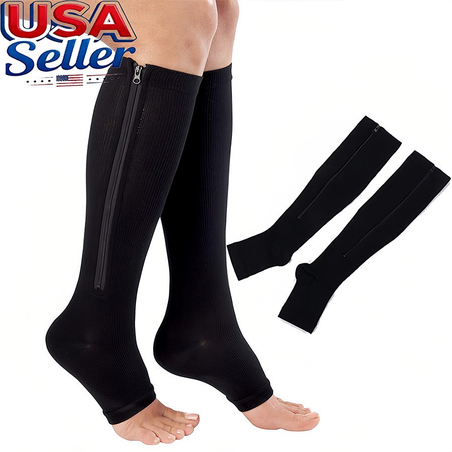 1/3 Pk Zip Up Open Toe Compression Zipper Socks Calf Support Stocking Women Men