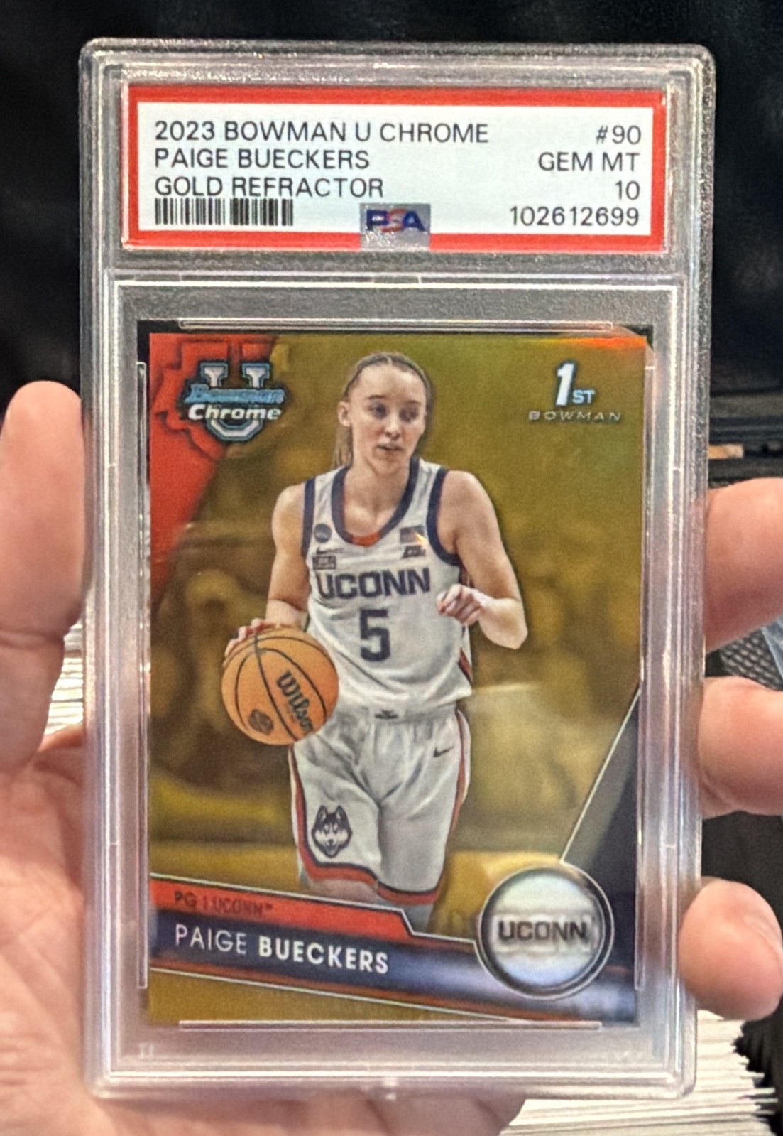 2023-24 Bowman University Chrome Paige Bueckers #90 Gold Refractor /50 PSA 10 2023-24 Bowman University Chrome Paige Bueckers #90 Gold Refractor /50 PSA 10