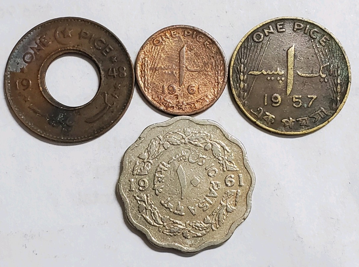 1948 to 1961 Pakistan Lot of 4: 1 & 10 Pice coin