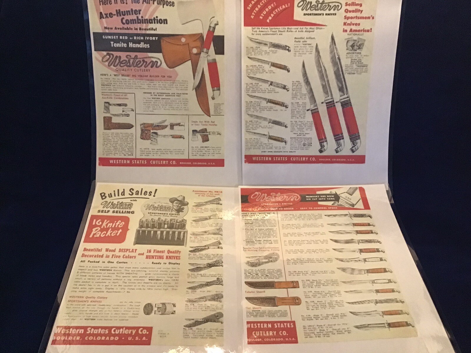 VINTAGE 4 PAGE LAMINATED COPY OF 1955 WESTERN QUALITY CUTLERY KNIVES CATALOG VINTAGE 4 PAGE LAMINATED COPY OF 1955 WESTERN QUALITY CUTLERY KNIVES CATALOG
