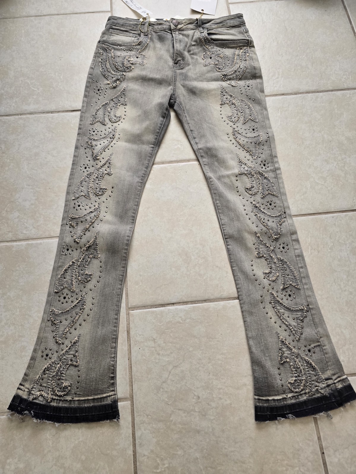 $250...Waimea size 38 Stacked Studded Denim Jeans Grey Wash.