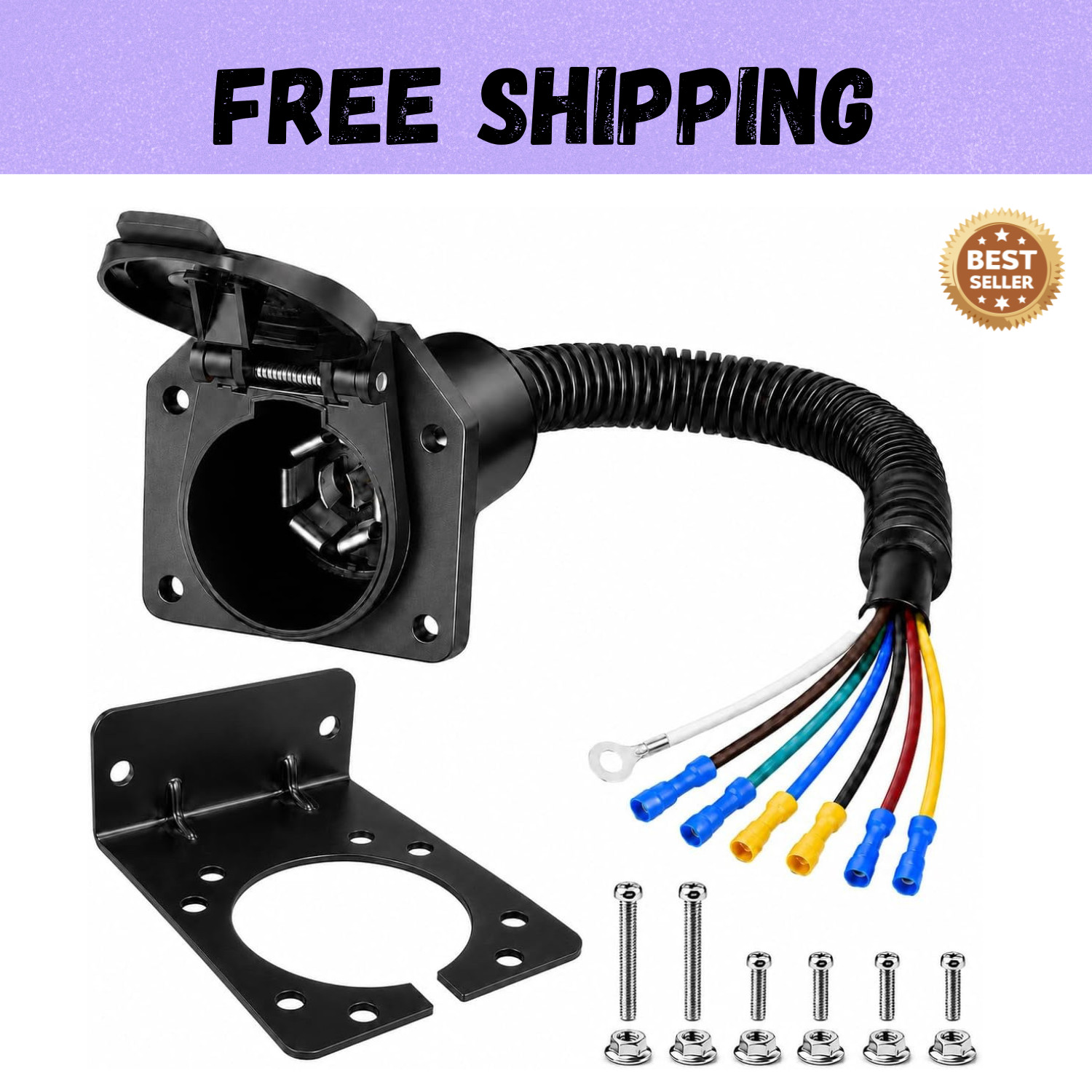 7 Way 7 Pin Trailer Plug RV Socket Wiring Harness Kit w/Bracket Screws for Truck