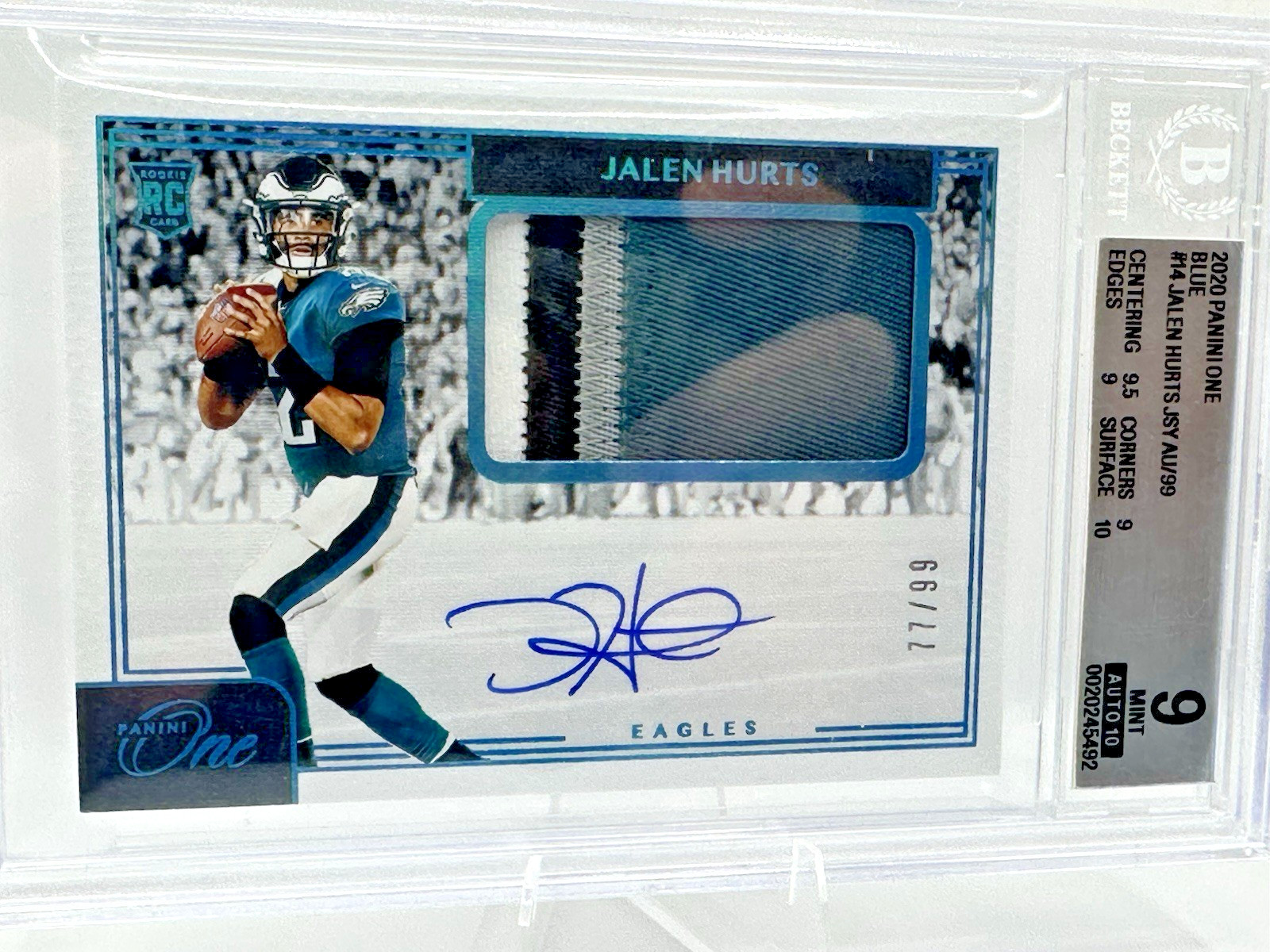 2020 Panini One Jalen Hurts Rookie RPA #/99 On Card Auto 4 Color Patch - BGS 9 2020 Panini One Jalen Hurts Rookie RPA #/99 On Card Auto 4 Color Patch - BGS 9