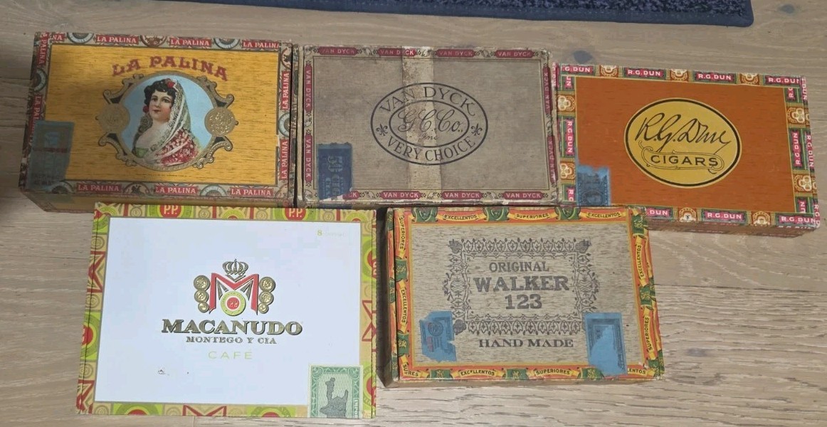 *WOW* LOT OF 5 Vintage Wood Cigar Boxes Various Brands See All Photos With Stamp *WOW* LOT OF 5 Vintage Wood Cigar Boxes Various Brands See All Photos With Stamp