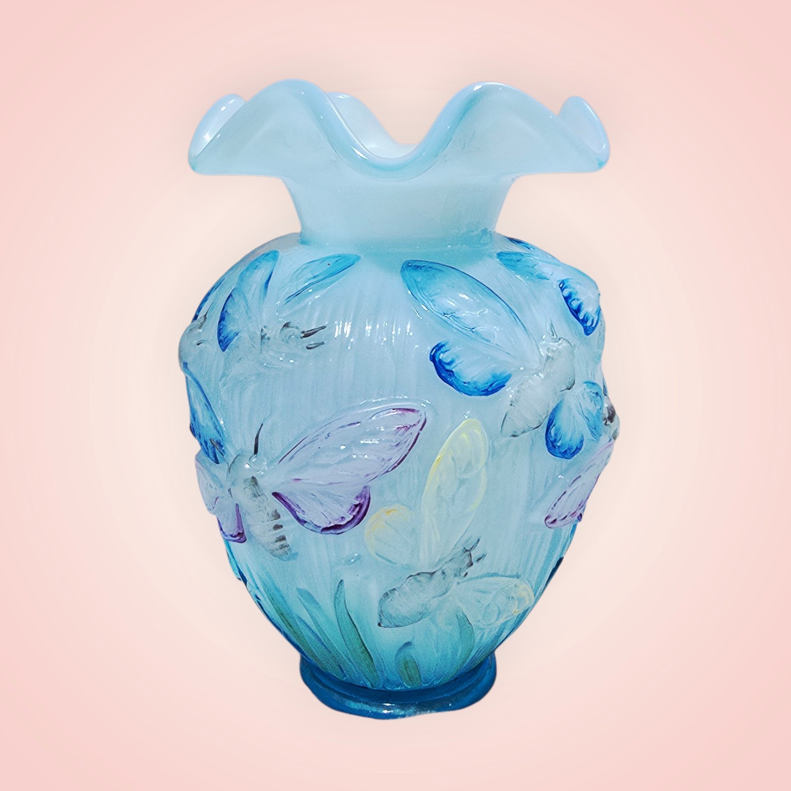 Vtg Fenton Blue Topaz 3D Raised Dragonfly Art Glass Vase Hand Painted Signed EUC