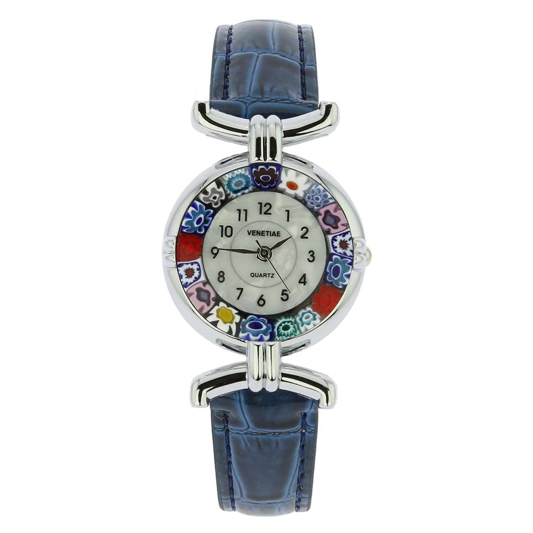 GlassOfVenice Murano Glass Millefiori Watch with Leather Band - Blue Multicolor