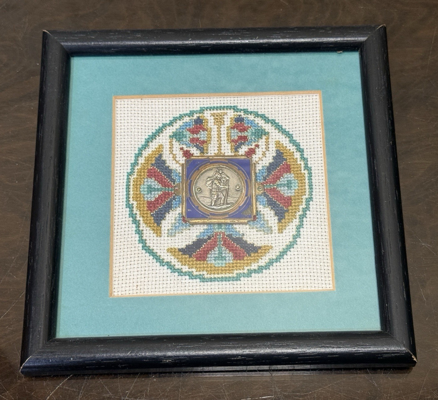 Antique St Christopher Plaque Enamel Medal Framed Cross Stitch Embroidery Art