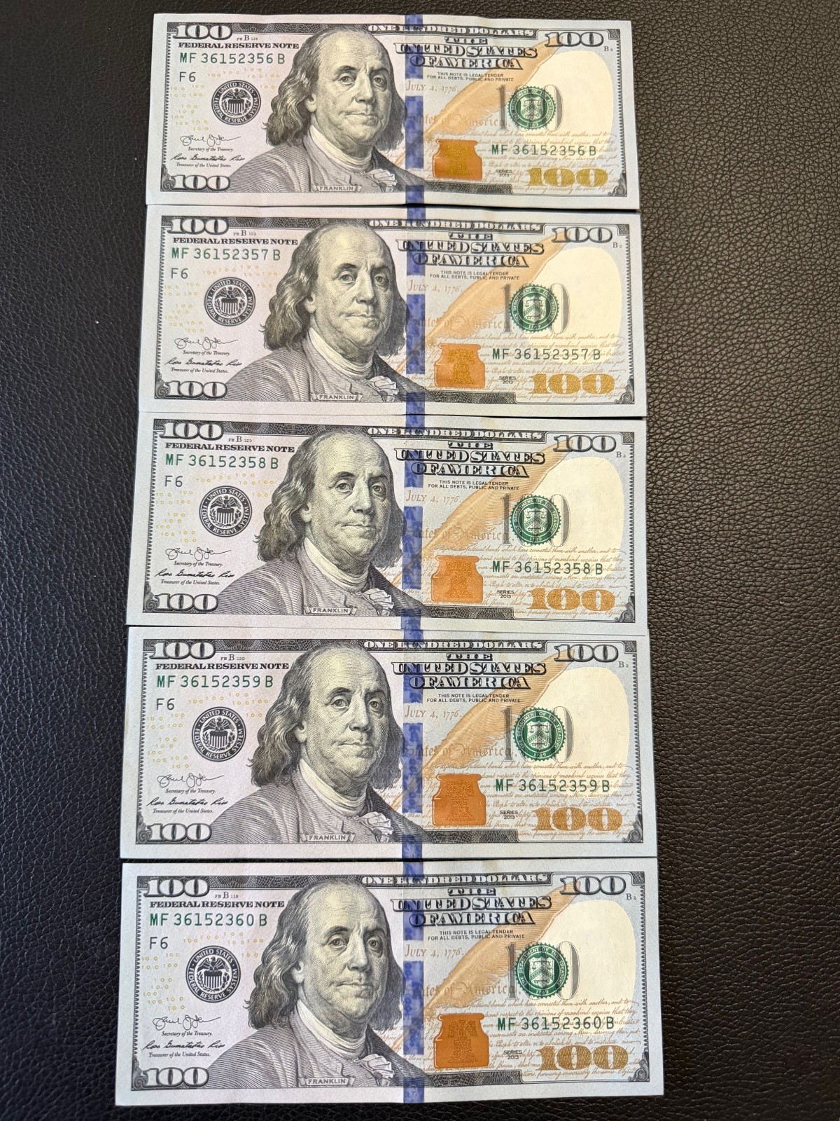 2013 $100 Federal Reserve Notes – Consecutive Run of 5 – Crisp - Gem