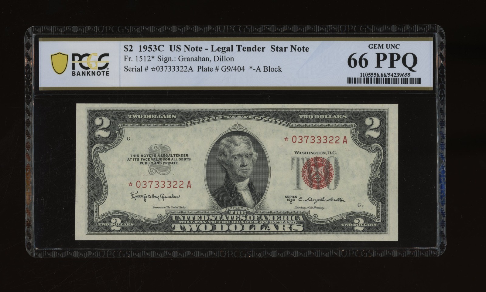 DBR 1953-C $2 Legal STAR Gem Fr. 1512* PCGS-B 66 PPQ Serial *03733322A DBR 1953-C $2 Legal STAR Gem Fr. 1512* PCGS-B 66 PPQ Serial *03733322A