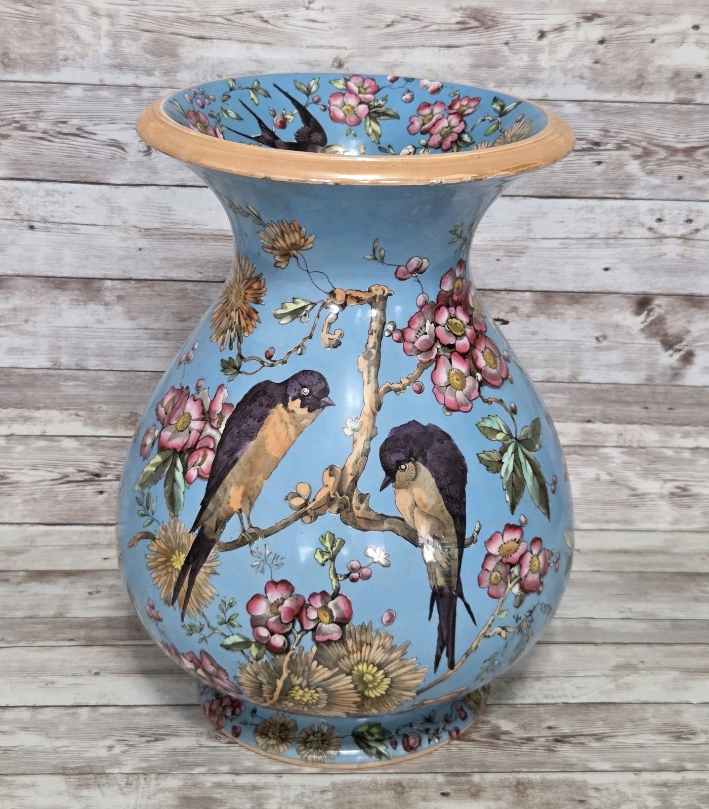 Antique Aesthetic Movement Stoneware Vase Ridgways 1880s Blue Polychrome 