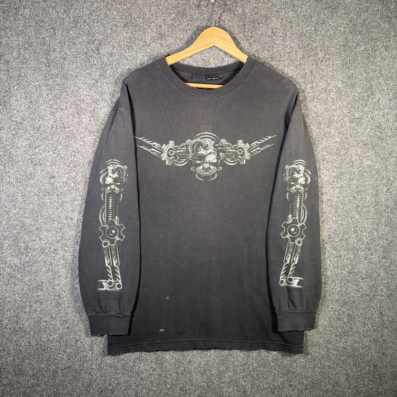 Vintage Skate Shirt Large Black 90s Oakley Flame Sleeves Gears Faded West Coast