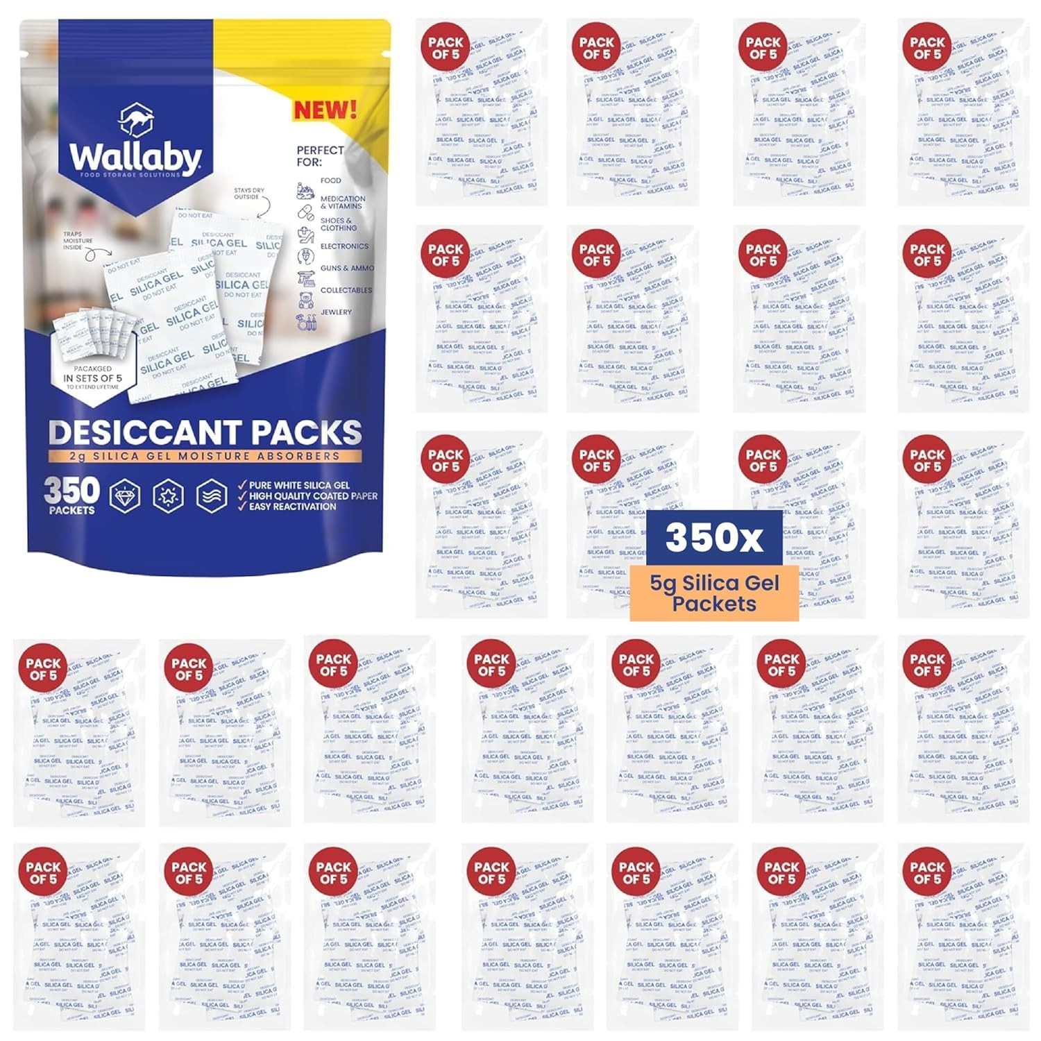 Wallaby 5g Silica Gel Desiccant Packs Food Safe Rechargeable 350 Pack