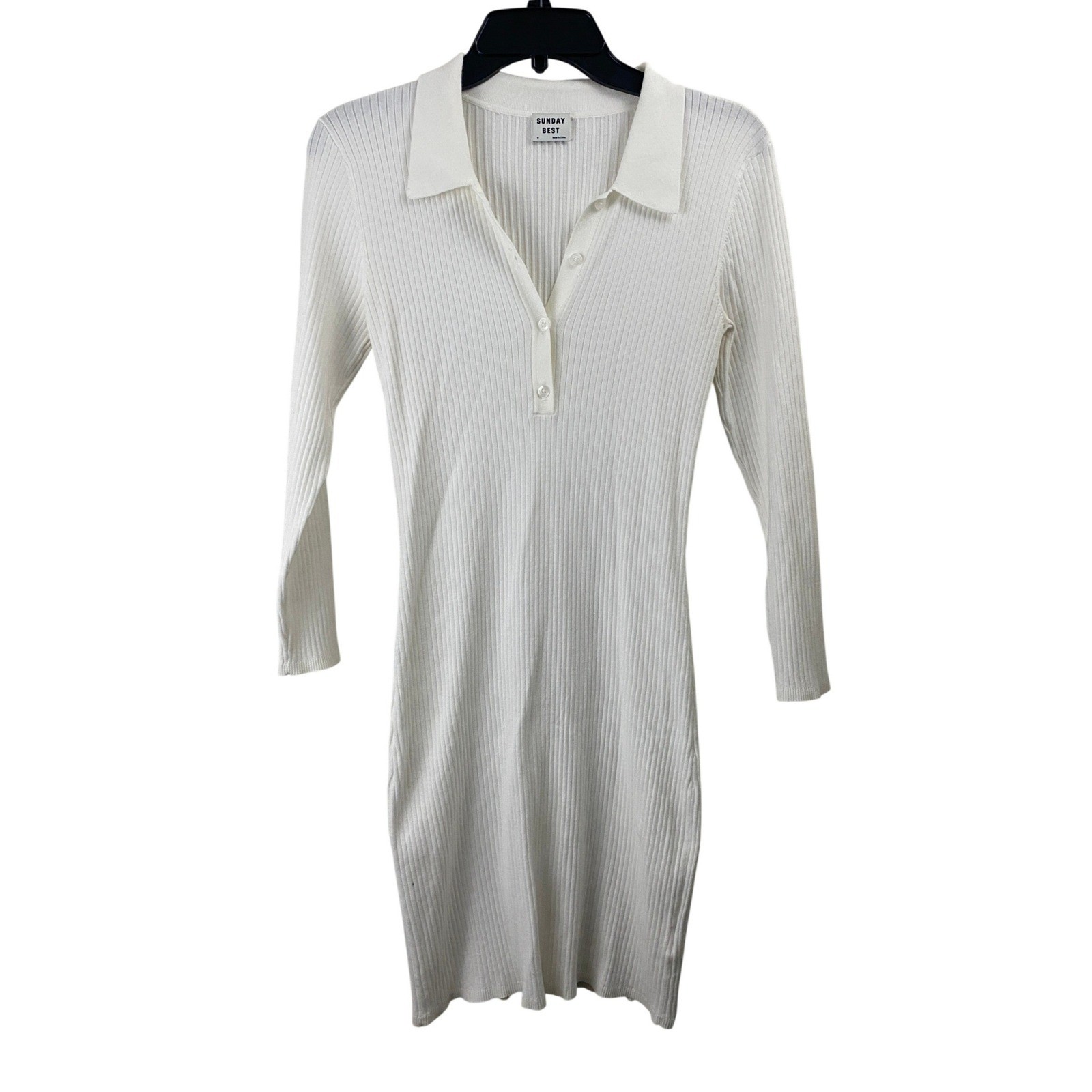 Sunday Best Aritzia Ribbed Knit Dress Women Medium White Polo  Long Sleeve