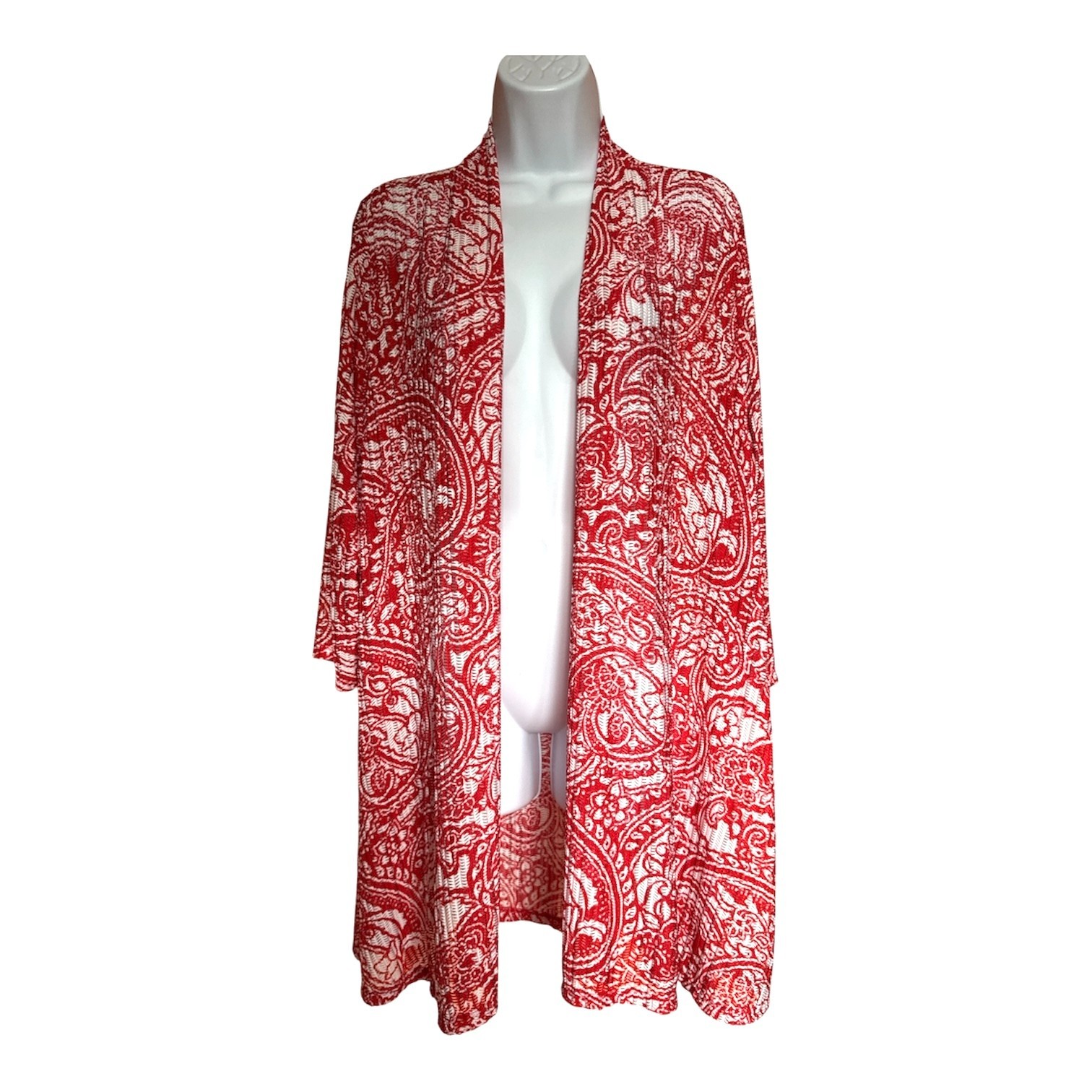 Susan Graver Women\'s Open Front 3/4 Sleeve Lightweight Cardigan Size L Red White