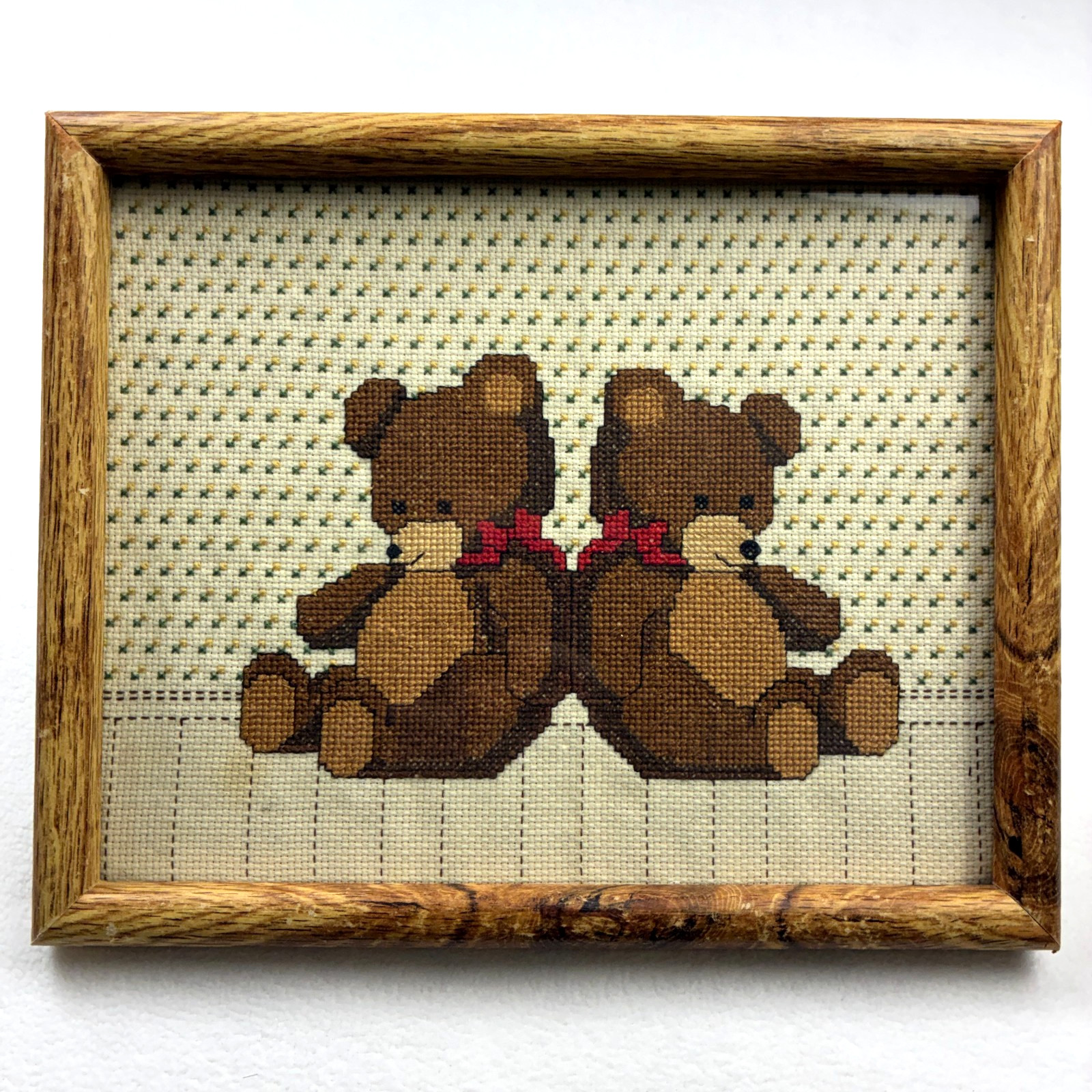 VTG Teddy Bears Cross Stitch Needlepoint Embroidered Wood Framed 11\