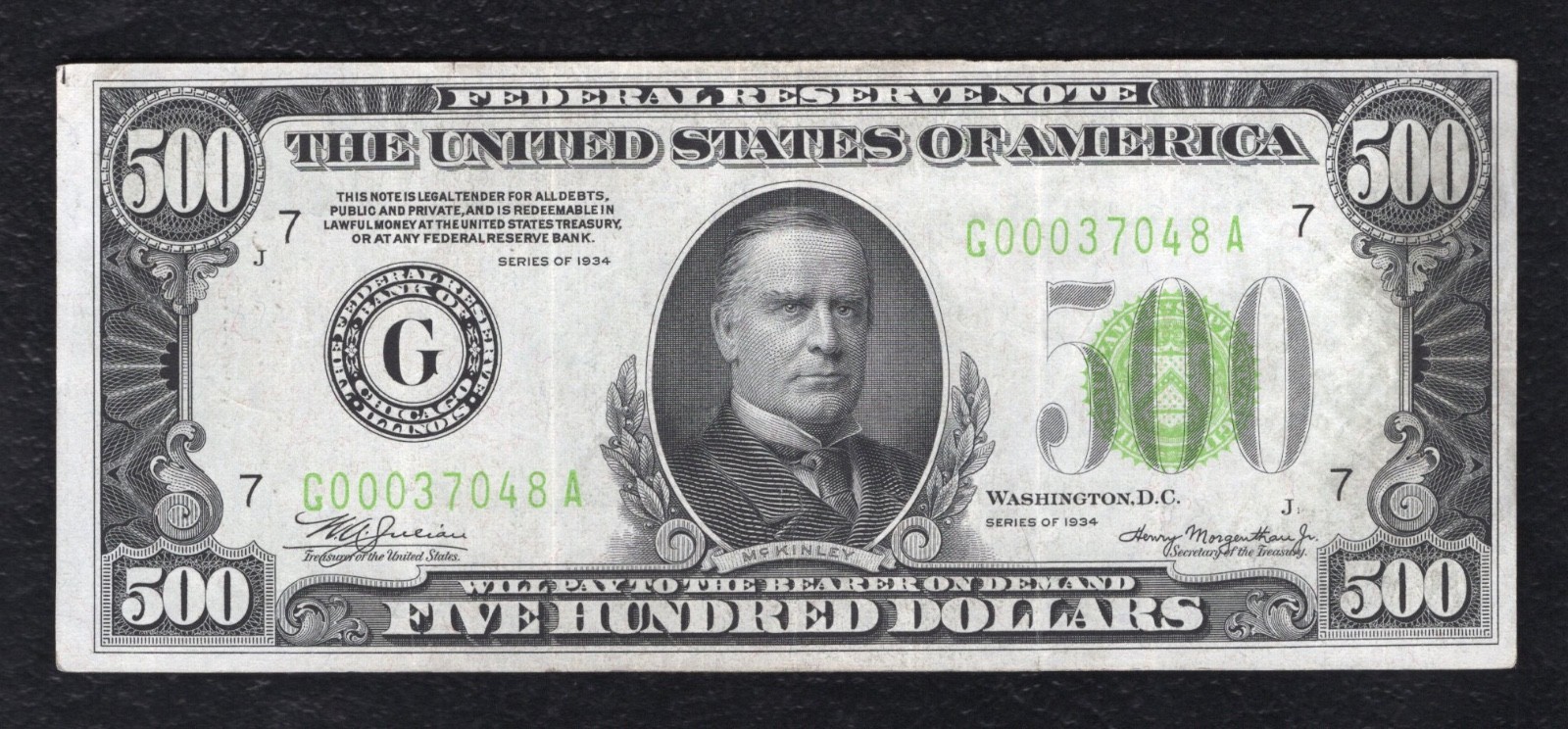 FR. 2201-G 1934 $500 LIGHT GREEN SEAL FRN FEDERAL RESERVE NOTE CHICAGO, IL VF+ FR. 2201-G 1934 $500 LIGHT GREEN SEAL FRN FEDERAL RESERVE NOTE CHICAGO, IL VF+