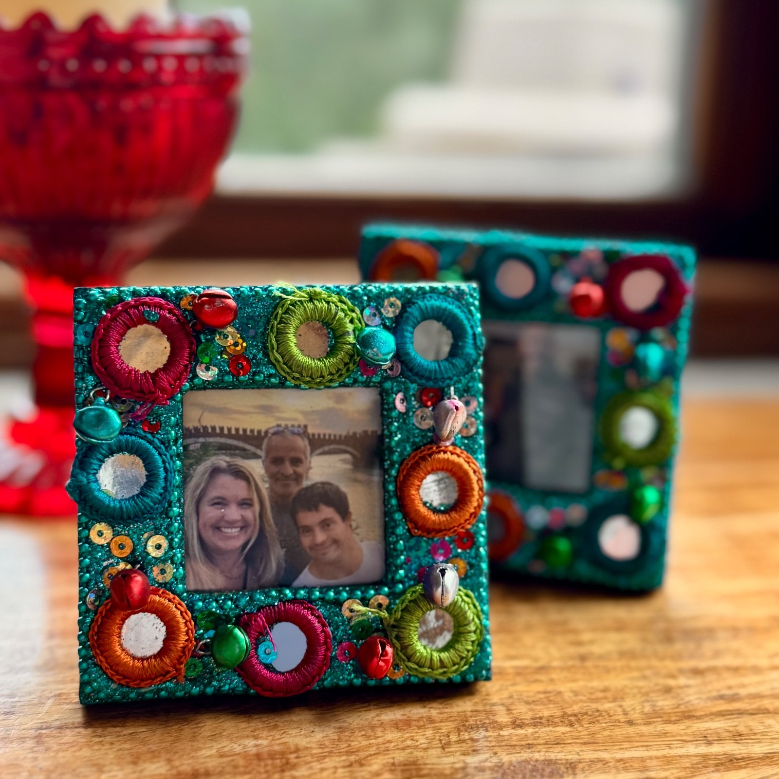 Mini Handcrafted Beaded Picture Frame from India – Blue Sequin & Bell Folk Art