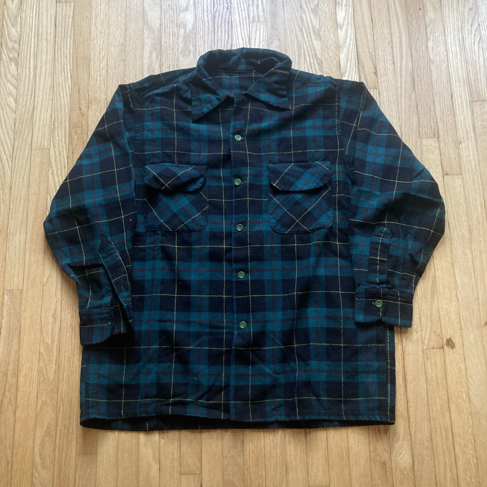 Vintage 50s 60s Pendleton Wool Loop Collar Board Shirt Flannel Green Sz L