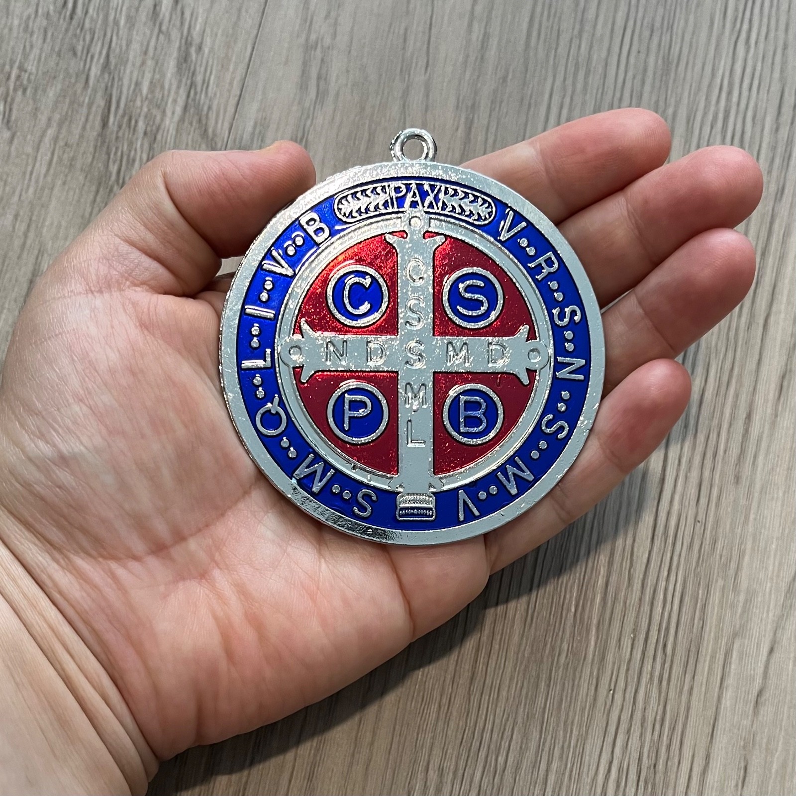 Catholic St Benedict 2.75” Medal Silver Blue Red Enamel Medalla San Benito Catholic St Benedict 2.75” Medal Silver Blue Red Enamel Medalla San Benito
