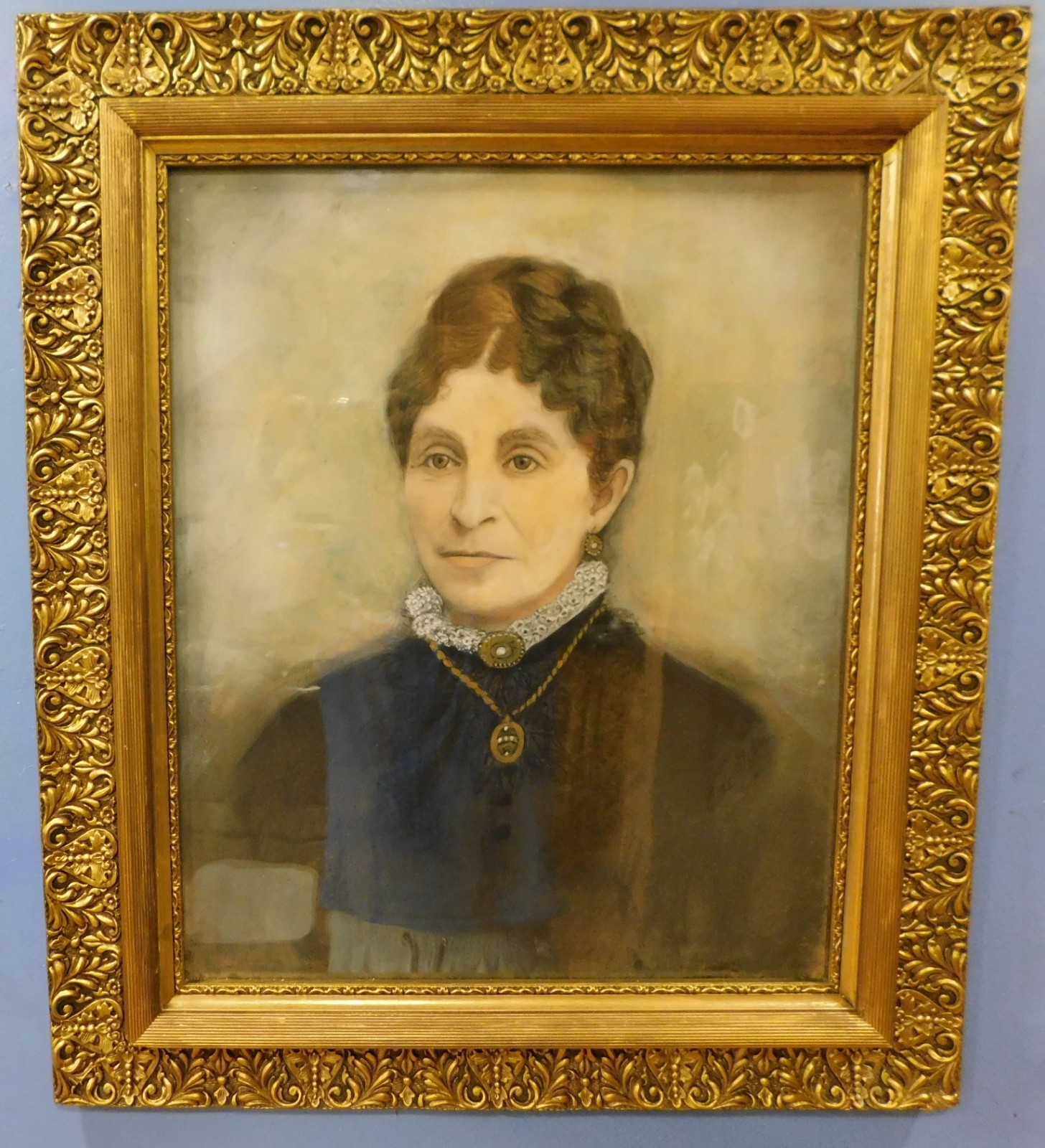 ANTIQUE 19th C. ELEGANT Pastel  PORTRAIT Ornate GiltWood Frame 25 x 29 
