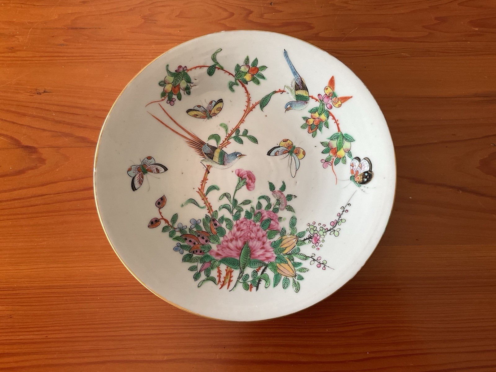 Antique Chinese Export Famille Rose Butterflies & Birds Bowl Plate 9.25” Antique Chinese Export Famille Rose Butterflies & Birds Bowl Plate 9.25”
