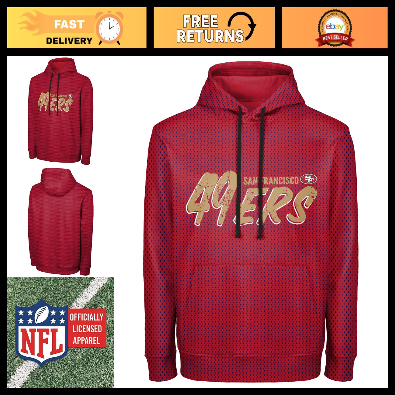 NFL Men\'s Distressed Performance Hoodie - Team Wordmark Pullover Sweatshirt