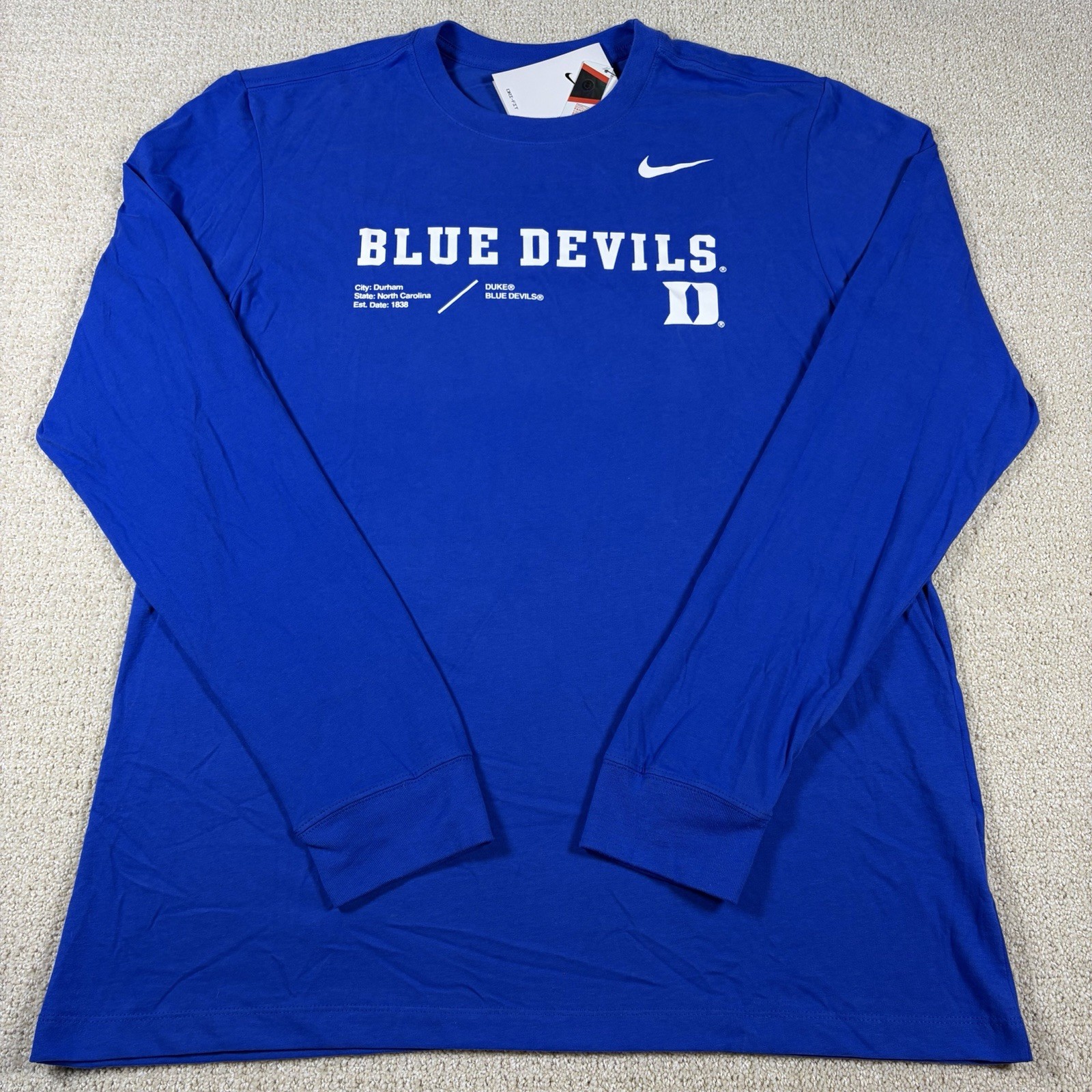 Nike NCAA Duke Blue Devils Durham NC Long Sleeve Shirt Blue NEW Men’s Size XL