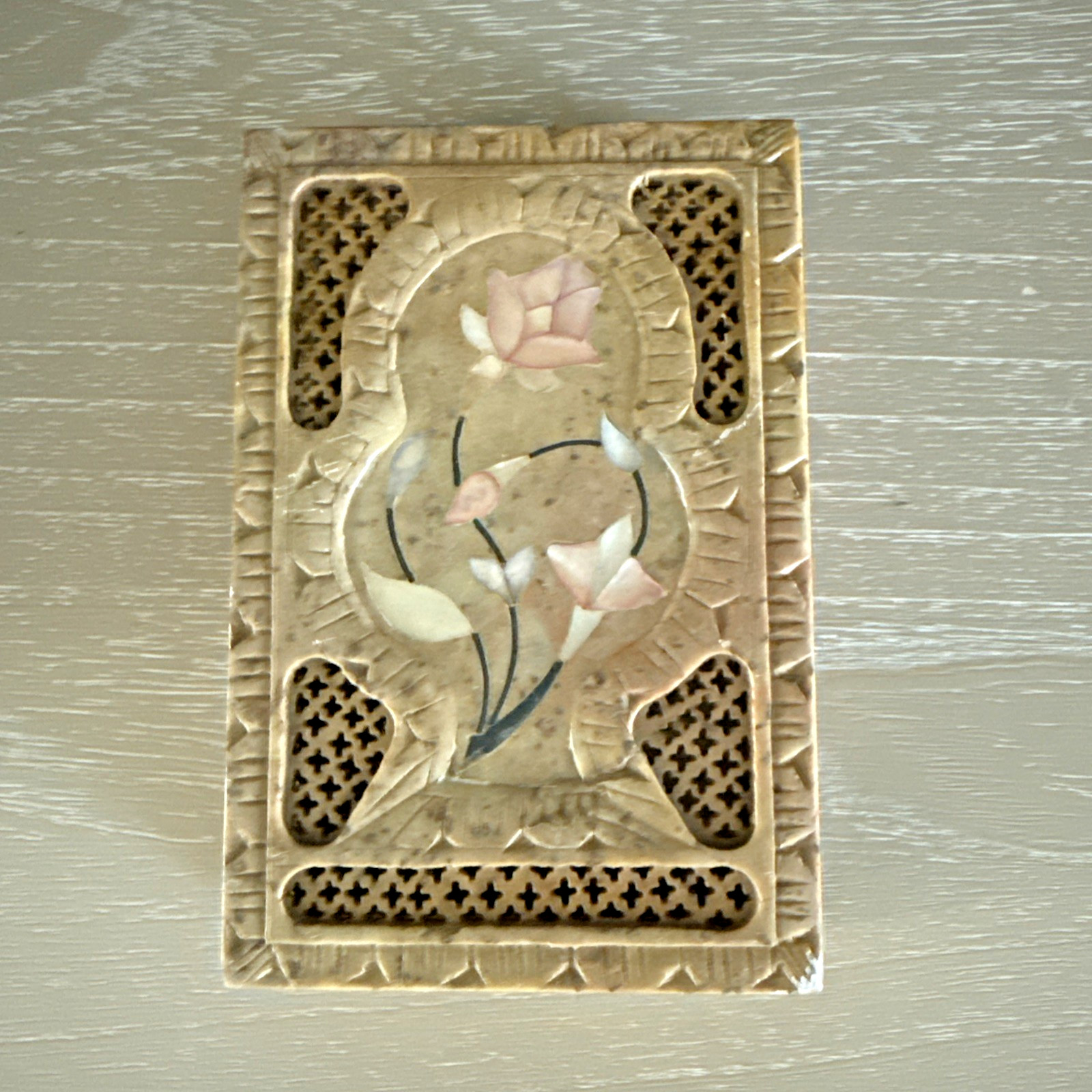 Vintage Hand Carved Stone Trinket Box Pink Floral Inlay Pierced Lid Jewelry Box