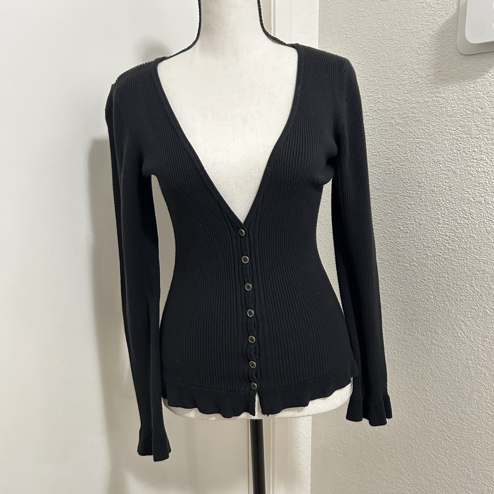 True Vtg 90s Y2K Hillard & Hanson Black Ribbed Deep V-Neck Cardigan Coquette S True Vtg 90s Y2K Hillard & Hanson Black Ribbed Deep V-Neck Cardigan Coquette S