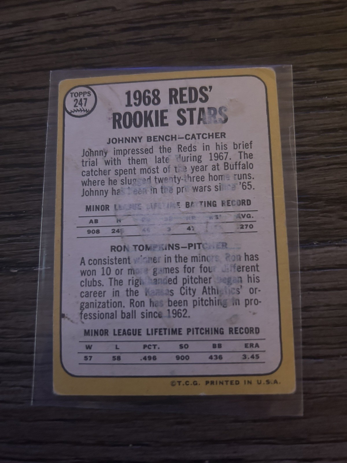 1968 Topps - 1968 Rookie Stars Johnny Bench, Ron Tompkins #247 (RC) 1968 Topps - 1968 Rookie Stars Johnny Bench, Ron Tompkins #247 (RC)